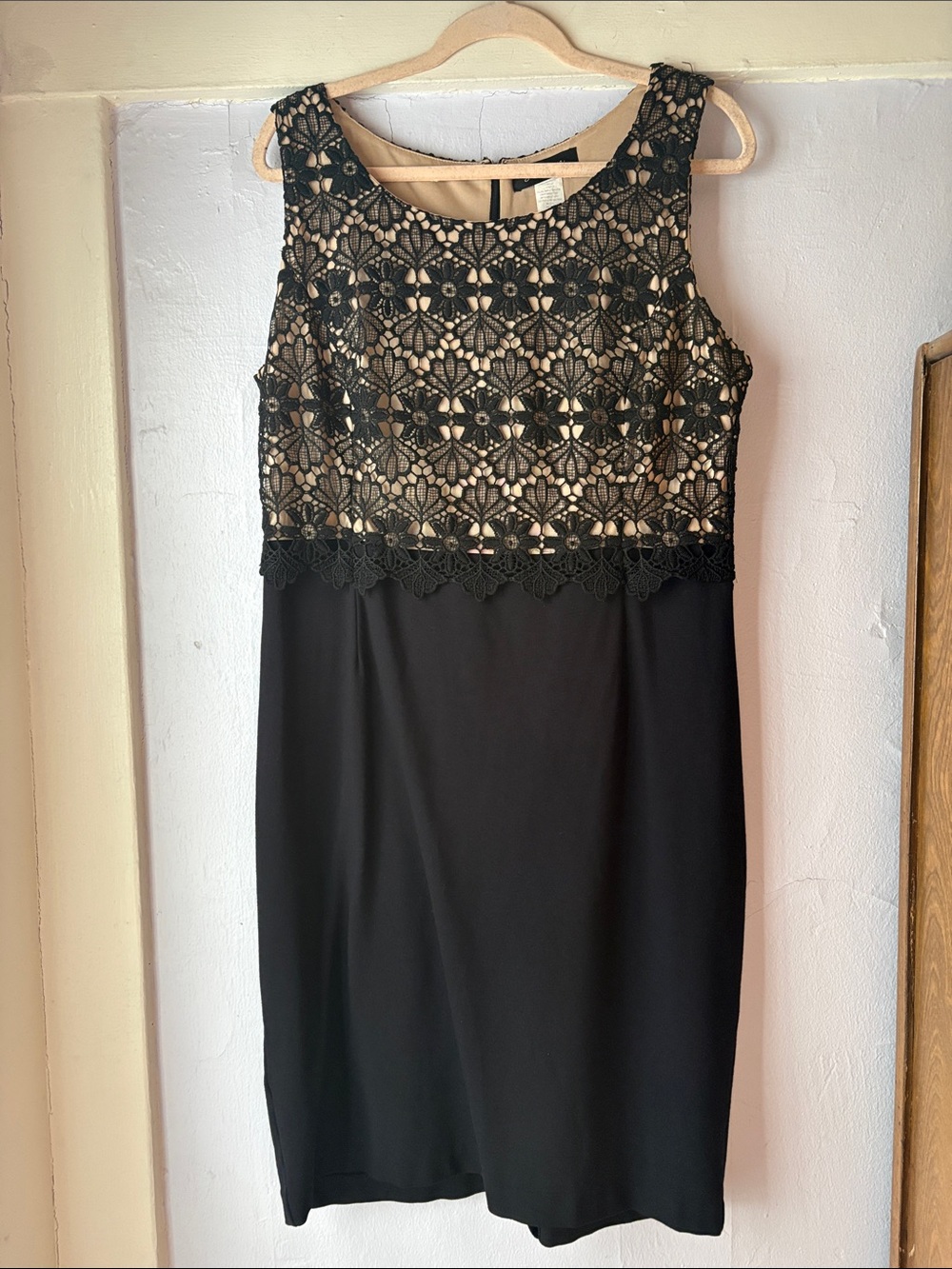 Black Lace Bodice Sheath Dress with Nude Underlay